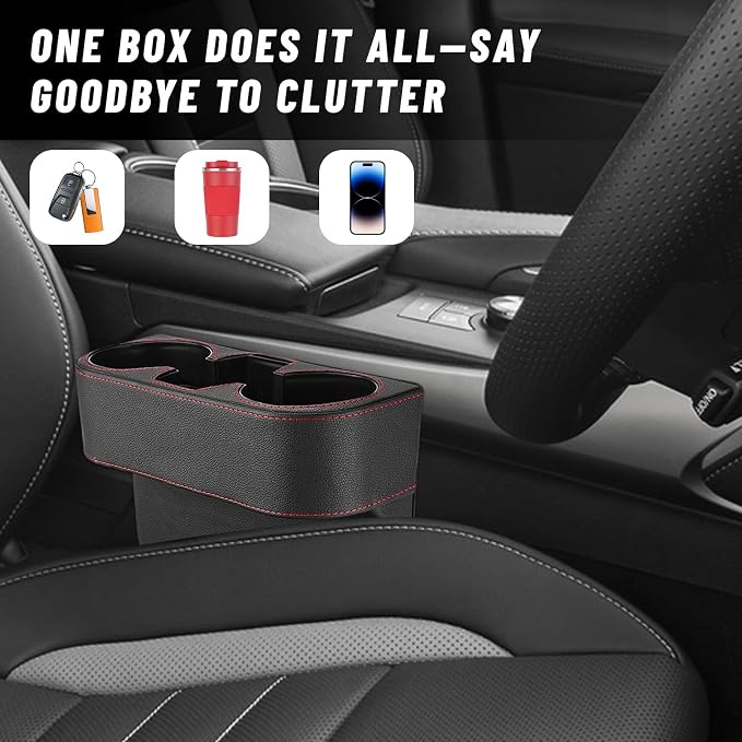 Car Seat Gap Filler Organizer, PU Leather Auto Front Seat Organizer Console Side Filler w/Cup Holder, Multifunctional Bottle Phone Holder Crevice Fillers for Most Car (Black)