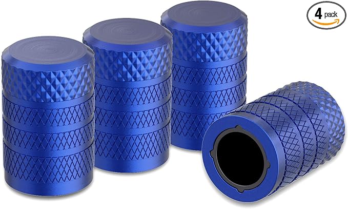 Tire Valve Stem Caps, Blue, 4 pcs/Pack, Anodized Aluminum Tire Valve Cap Set, Corrosion Resistant, Universal Stem Covers for Cars Trucks Motorcycles SUVs and Bikes
