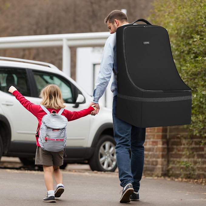 Padded Car Seat Travel Bag for Airplane, Gate Check Carseat Backpack for Air Travel, Baby Travel Essentials for Flying, Car Seat Stroage Cover Bag (All Black)