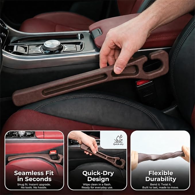 Car Seat Gap Filler 2-Pack, Universal Anti-Drop Organizer Strip with Storage Slot, Car Organizer Between Seat & Console for Cars, SUVs, Trucks (Brown)