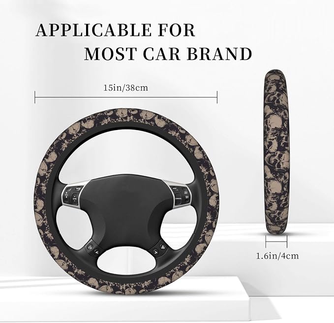 Elastic Skulls Halloween Car Steering Wheel Cover Protector Thicken,Grunge Spooky Horror Black,Anti Slip Stretchy Soft Car Accessories for Diverse Cars Truck SUV for Men Women Universal 15 Inch