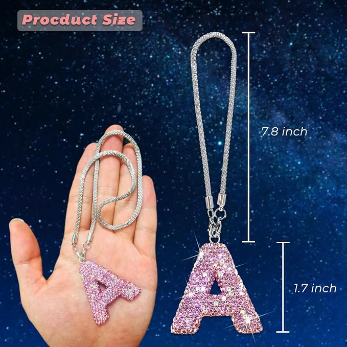 Bling Pink Car Accessories for Women Letter Charm, Rainbow Color Rear View Mirror Cute Crystal Pendant Car Decorations, Lucky Gifts Girly Diamond Rhinestone Charm Letter A