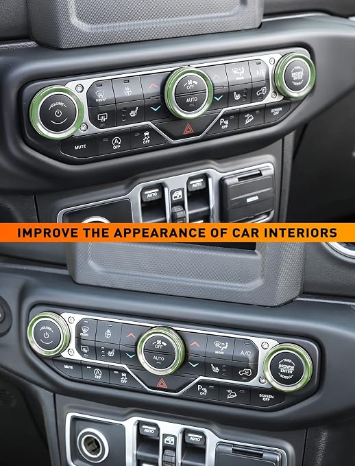 Climate Control Panel Knob Trim Kit & Light Control Switch Cover, Air Conditioner Knob Aluminum Alloy Ring for 2018-2024 Jeep Wrangler JL JLU & Gladiator JT, Interior Accessories, Green