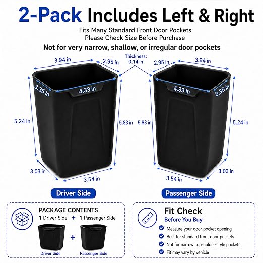 Car Door Trash Can 2 Pack, Black Silicone Garbage Bin for Driver Passenger Door Pocket, Waterproof Auto Waste Container Fits Most Standard Car Door Pockets