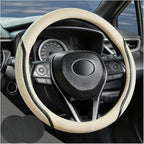 Beige Steering Wheel Cover with Coasters Leather Universal 15 inch | Carbon Fiber Car Steering Wheel Covers Microfiber Breathable Anti-Slip Durable Steering Wheel Accessories Set