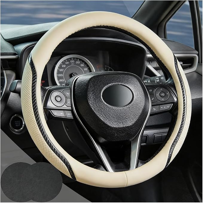 Beige Steering Wheel Cover with Coasters Leather Universal 15 inch | Carbon Fiber Car Steering Wheel Covers Microfiber Breathable Anti-Slip Durable Steering Wheel Accessories Set