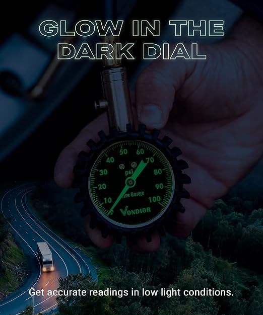 Tire Pressure Gauge (0-100 PSI) - Certified ANSI B40.1 Tire Gauge for Cars and Trucks, Large 2" Glow Dial Easy-Read Tire Gauges for Tire Pressure Car Accessories