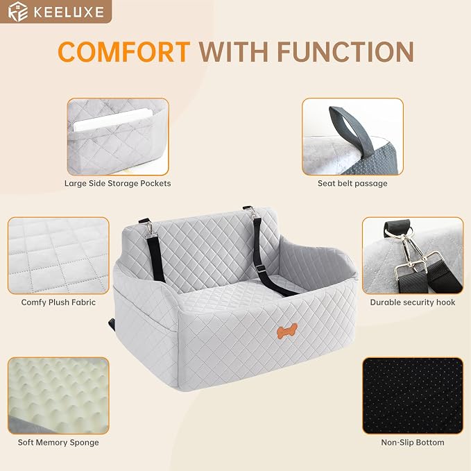 Car Seat for Large Size Dog, Booster Seat for Dogs Under 55 lbs or 2 Small Dogs, Soft Car Dog Bed Filling in Thick Memory Foam with 2 Safety Leashes and Storage Pocket (Grey)