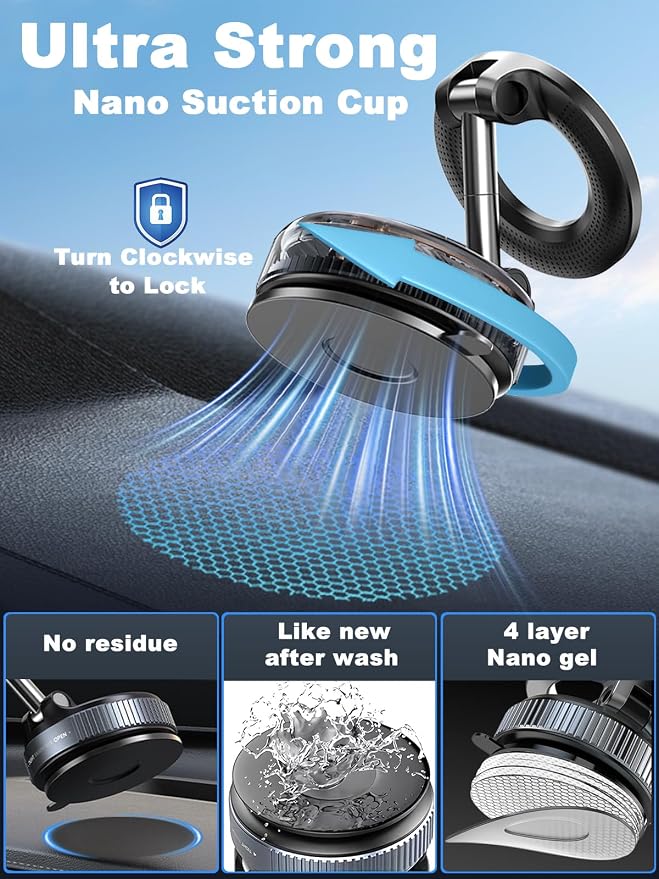 Upgraded 360° Nano Gel Vacuum Magnetic Phone Holder, 108+LBS Heavy Duty Suction Cup Phone Mount for Car Dashboard & Windshield, 3000gf MagSafe Compatible with iPhone 17/16 Pro Max White