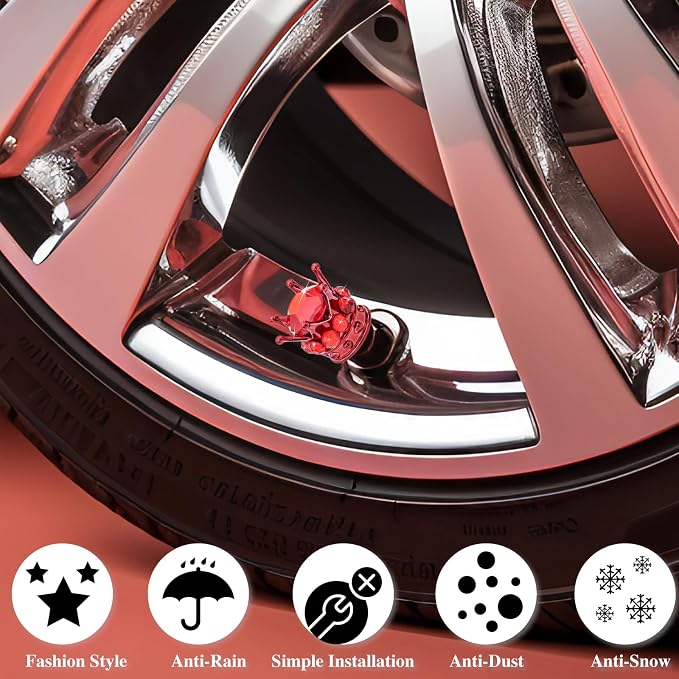 4PCS Crown Bling Tire Stem Valve Caps, Crystal Diamond Car Wheel Tire Valve Caps Universal Copper Core Stem Covers for Cars, SUV, Trucks, Bikes, Motorcycles, Bicycles (Red)