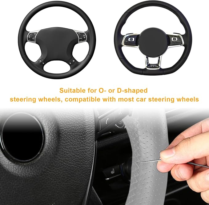 Genuine Leather Steering Wheel Cover, Stitch on Wrap, Breathable Anti-Slip Car Steering Wheel Protector for Max Diameter 15 Inch, DIY Sewing with Needles Thread (Gray, Hole)