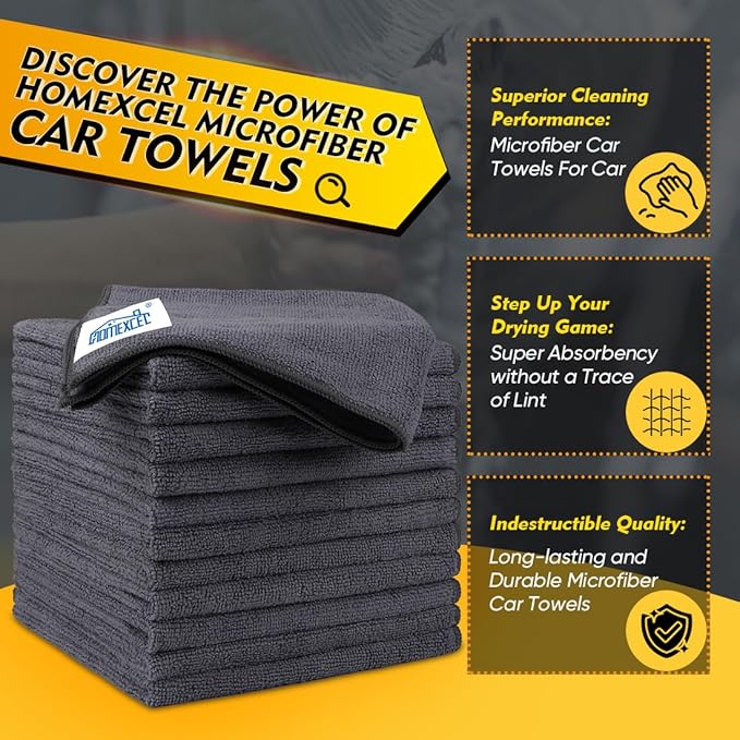 Microfiber Cleaning Cloths 12 Pack, Premium 16 x 16 inch Microfiber Towel for Cars, Ultra Absorbent Car Washing Cloth, Lint Free Streak Free Wash Cloths for Car, Kitchen, and Window, Grey
