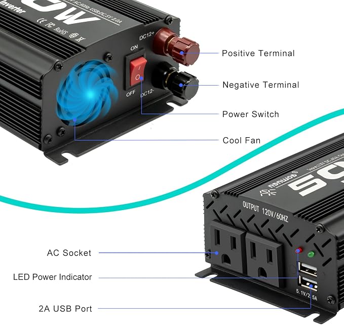 500 watt Power Inverter for Vehicles,Small car,12 Volt to 110/120 Volt for car Cigarette Lighter RV semi Truck Vehicle Inverter with 2 AC Outlets 2USB Ports-500W (500W)