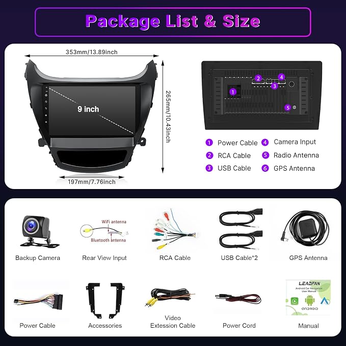 2+32G Android Car Stereo for Hyundai Elantra 2014 2015 2016 Radio Support with Wireless Apple Carplay Android Auto, 9'' Touchscreen in-Dash Bluetooth WiFi GPS Navigation Backup Camera