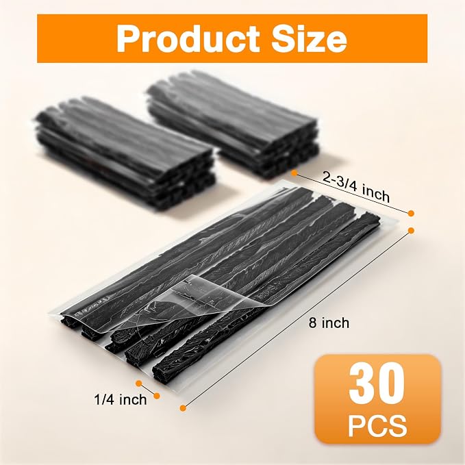 Sixzoo 30 PCS Tire Plugs Heavy Duty, 8" X 0.24" Tire Repair Plugs, Rubber Tires Plug, Tires Repair Strings for Tubeless Puncture Car, RV, SUV, ATV, Motorcycle, Truck,Tractor (Black)