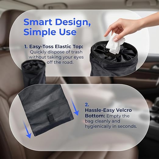 2 Pack Car Trash Bags, Hanging Car Garbage Can with Elastic Top Opening & Detachable Bottom, Waterproof Washable Seat Back Organizer for SUV, Van, Travel, Camping (Black)