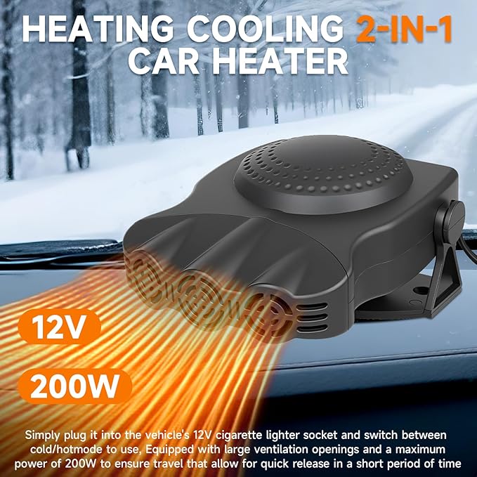 12V 200W Portable Car Heater & Defroster, Fast Heating Car Heaters for Vehicle, 12V Car Heater that Plugs with 360° Rotatable Base Cigarette Lighter Heater