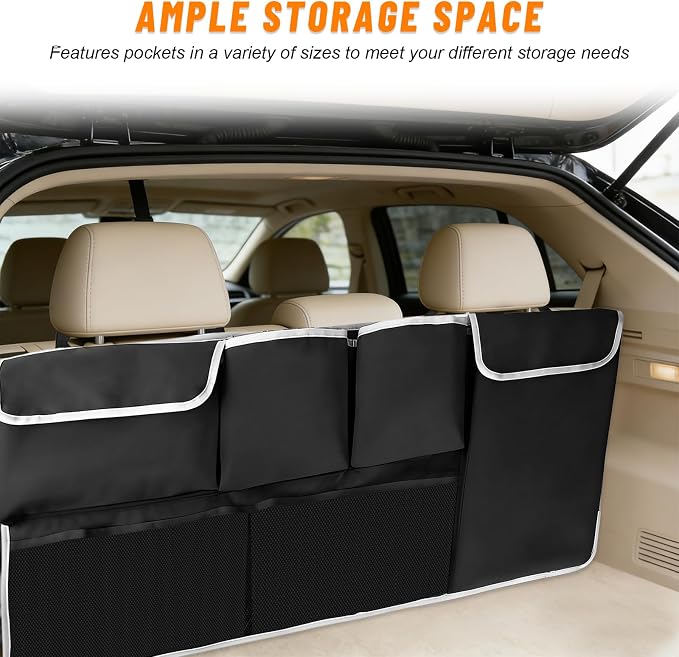 Car Trunk Hanging Organizer, Collapsible Backseat Storage Bag with 4 Pockets & 2 Mesh Pouches, Multi-Functional Oxford Cloth Trunk Organizer for Most Cars Trucks SUVs