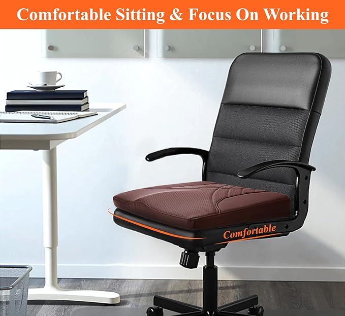 Premium Car Seat Cushion, Memory Foam Driver Seat Cushion to Improve Driving View- Coccyx & Lower Back Pain Relief - Seat Cushion for Car, Truck, Office Chair (Leather Brown)