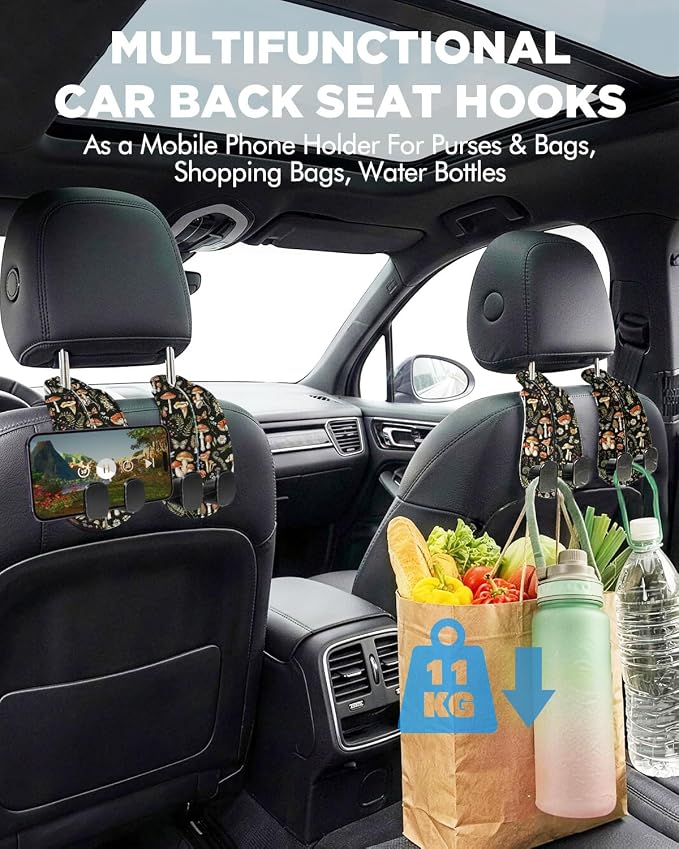 Purse Holder for Car, 2 Pack Heavy Duty Purse Hanger for Car, PU Leather Car Seat Hooks for Purses and Bags, Cute Mushrooms Headrest Organizer for Handbags & Backpacks