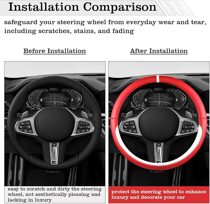 Car Leather Steering Wheel Cover - Panapi Material, Universal 14.5-15 Inch Leather Anti-Slip Breathable Auto Steering Wheel Covers for Men Women (Nappa Leather - Red & White)