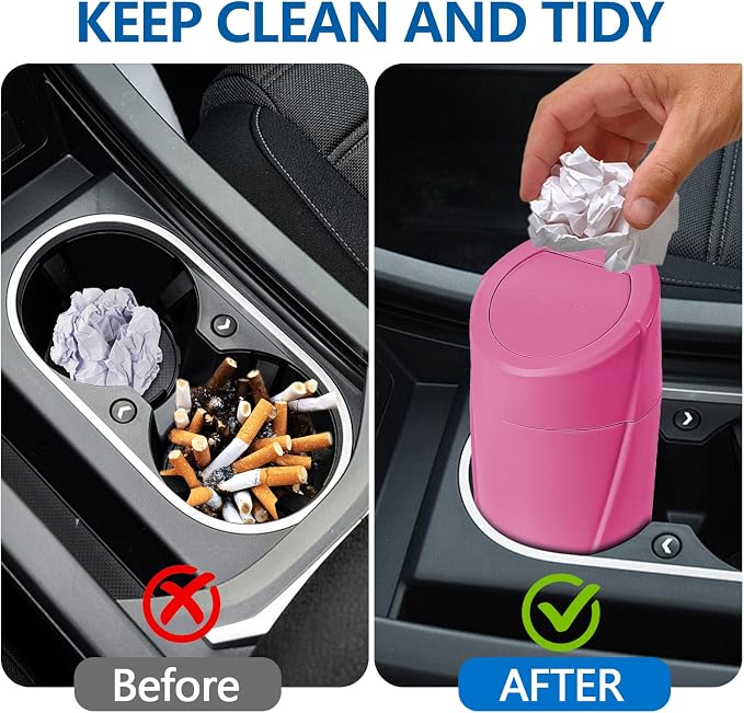 Mini Car Trash Can with Lid, Portable Garbage Can for Car, Leakproof Cup Holder Automotive Garbage Bin with 2 Rolls of Trash Bags, Small Trash Storage Can for Car Home Office(Rose Red)