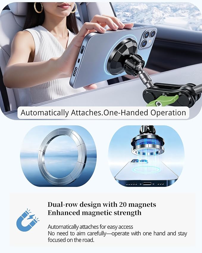 Magnetic Car Phone Holder, Ultra Stable Windshield Phone Mount, Strong Suction Cup & Powerful Magnetic, 360° Rotatable, Durable Premium Aluminum Alloy, for All Vehicles & All Smartphones
