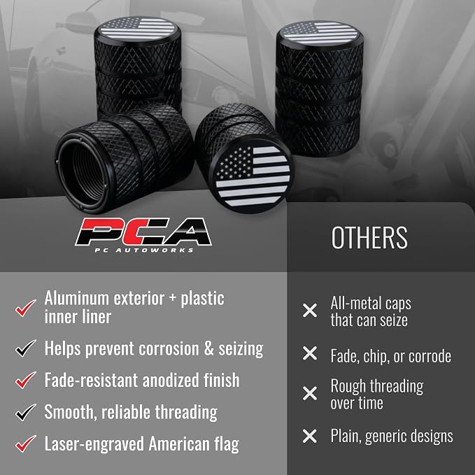American Flag Valve Stem Caps – Onyx Black, Anti-Rust Anodized Aluminum, Universal Fit for Car, Truck, SUV, Bike – Set of 4 (Onyx Black)