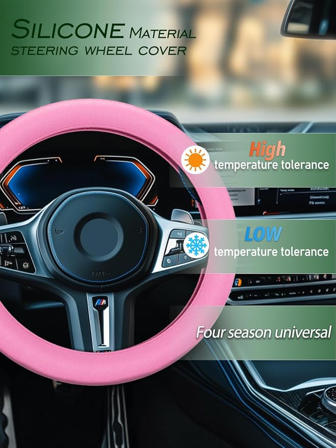 Car Steering Wheel Cover, Non-Slip Silicone Material, Multiple Color Choices, Universal Auto Parts Steering Wheel Cover, Suitable for Most Cars (Pink)