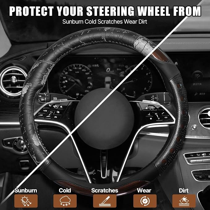 Hiseanllo Car Steering Wheel Cover, 14.5-15 Inch Universal Fit, Sporty Anti-Slip Leather Steering Wheel Protector with Glossy Color Accent, Comfortable Grip for Cars, SUVs, Trucks(Brown)