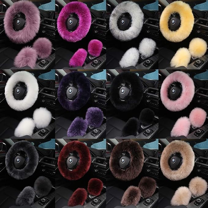 3Pcs Set Fashion Fluffy Fuzzy Wool Fur Soft Car Steering Wheel Cover with Handbrake Cover & Gear Shift Cover for Women/Girls/Ladies Auto Long Wool Accessories, White
