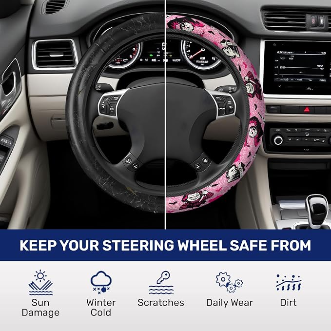 Pink Retro Horror Mask Steering Wheel Cover, Non-Slip Polyester Wheel Grip, Universal 15 Inch Car Accessory
