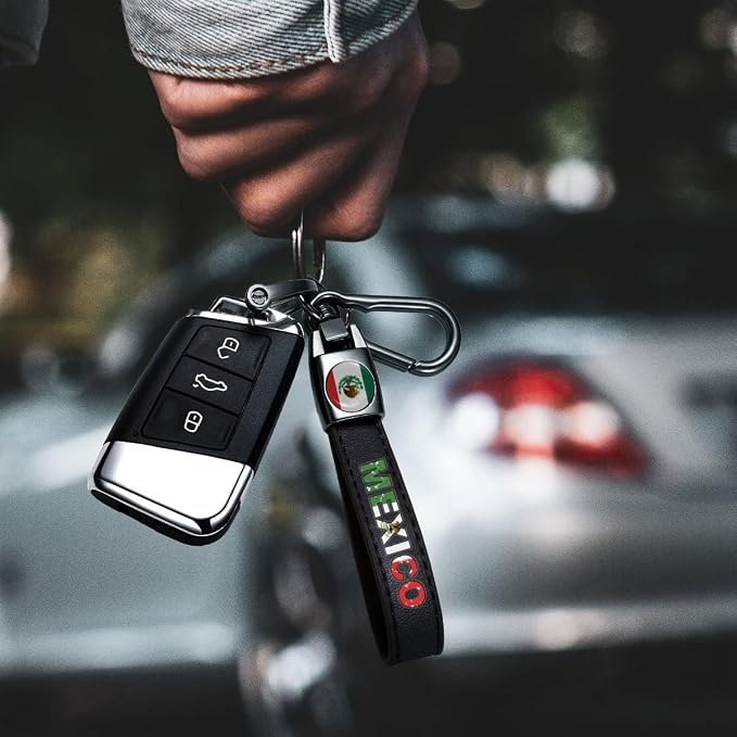 Mexico Flag Tire Valve Stem Caps and Genuine Leather Car Keychain Keyring Compatible with Mexican Flag Accessories (MFXICO)