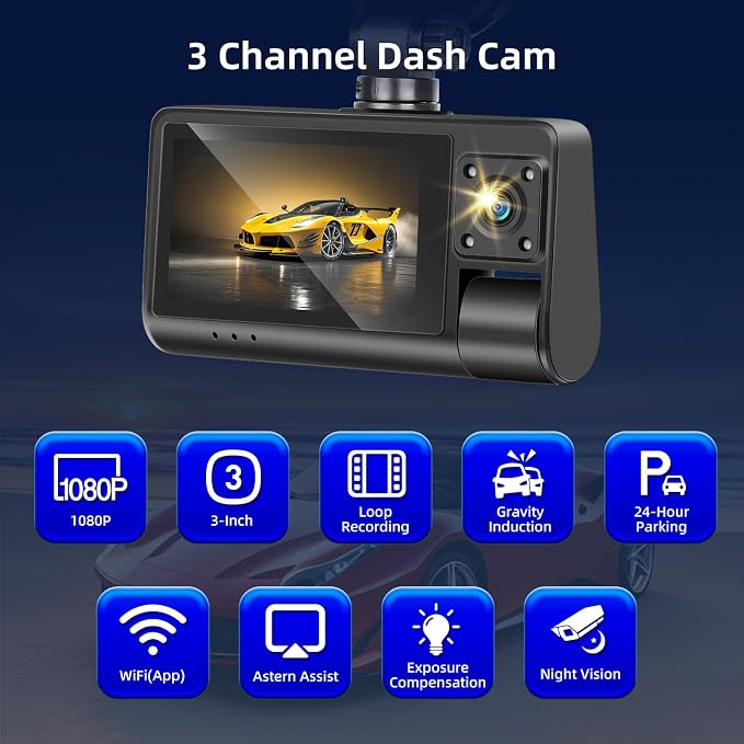 3 Channel Dash Cam for Cars, Dash Cam Front and Rear Inside, Bulit-in WiFi: 3 inch IPS Screen, 1080P Triple Dash Camera with 64GB Card, G-Sensor, Loop Record, Night Vision + Rearview Camera