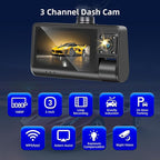 3 Channel Dash Cam for Cars, Dash Cam Front and Rear Inside, Bulit-in WiFi: 3 inch IPS Screen, 1080P Triple Dash Camera with 64GB Card, G-Sensor, Loop Record, Night Vision + Rearview Camera