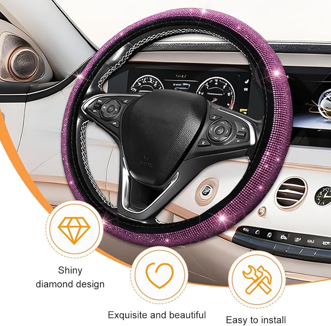 11PCS/Set Bling Car Accessories Set for Women, Rhinestone Vehicle Steering Wheel Cover Seat Belt Cushion Gear Shift Protector Cup Holder Coaster, Universal Automotive Accessories (Pink)