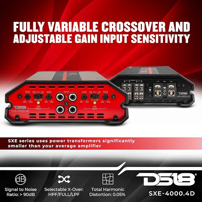 SXE-4000.4D/BK Car Amplifier Stereo Full-Range Class D 4-Channel 275x4 RMS @4 OHM 4000 Watts - Powerful and Compact Amp for Speakers in Car Audio System