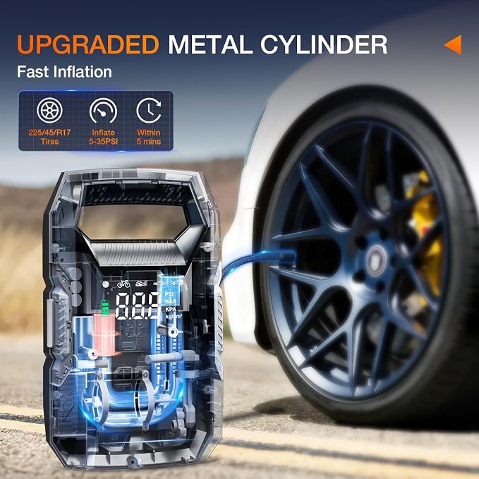 AC/DC Tire Inflator Portable Air Compressor Dual Power Supply 110V AC 12V DC 150PSI Fast Inflation Heavy Duty with LED Light Pressure Gauge Auto Shutoff Pump for Car Motorcycle Bicycle Ball