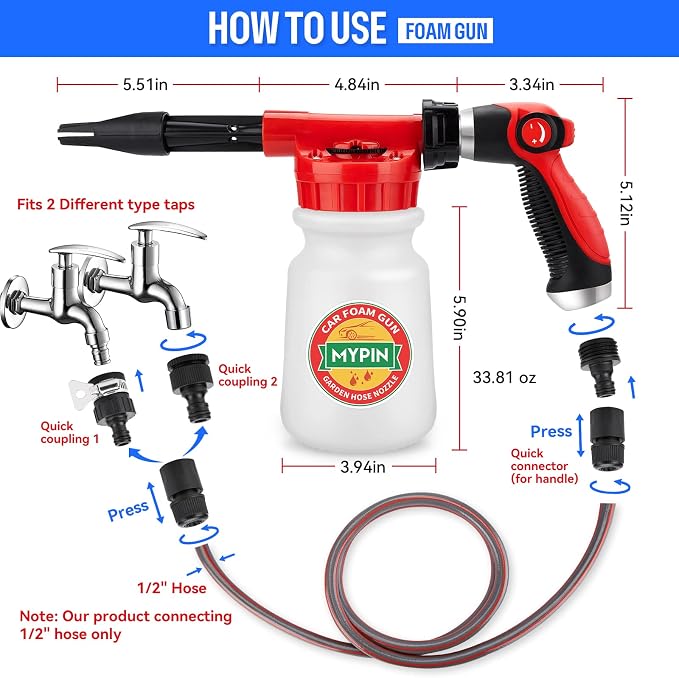 Car Wash Foam Gun/Hose Sprayer, 16 IN 1 Foam Cannon for Car/Garden Cleaning | Adjustable with 2.5-6 Ratio Dial Foam Blaster, 1L Bottle, Nozzles, Mitten&Towel, 1/2” Quick Connector for Garden Hose,Sprayer