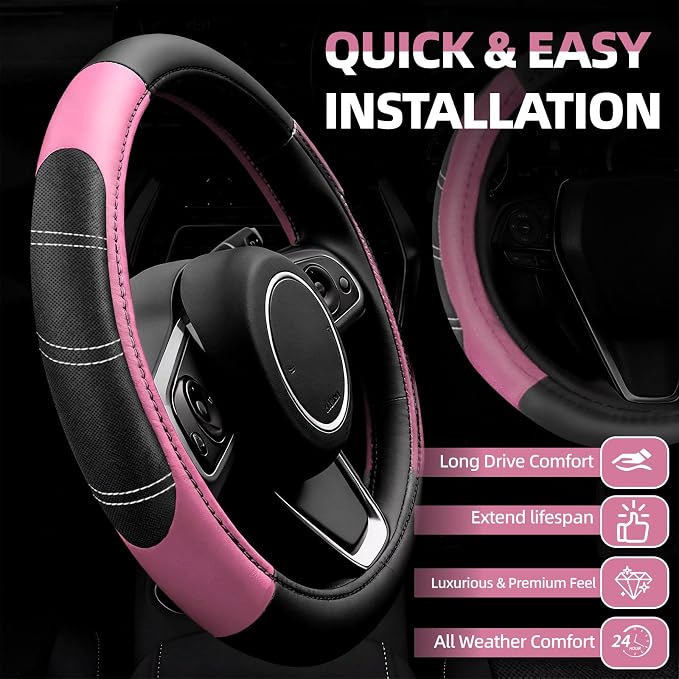 6 Pcs Pink Car Accessories Set, Sport Leather Steering Wheel Cover 14.5-15inch Universal, Microfiber Leather Car Center Console Cover, Seat Belt Cushion, Cup Holder Coaster (Black-Pink)