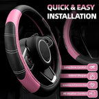 6 Pcs Pink Car Accessories Set, Sport Leather Steering Wheel Cover 14.5-15inch Universal, Microfiber Leather Car Center Console Cover, Seat Belt Cushion, Cup Holder Coaster (Black-Pink)