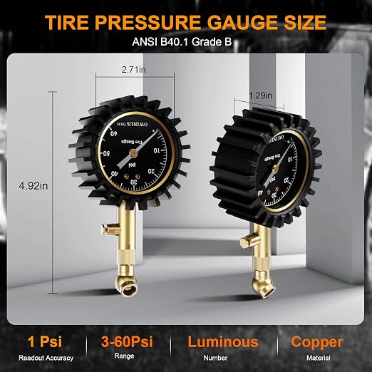Tire Pressure Gauge,60 PSI Tire Gauges for Tire Pressure 2" Glowing Dial Air Pressure Gauge for Tires,Car Gifts Car Stuff for Men,Car Guys.