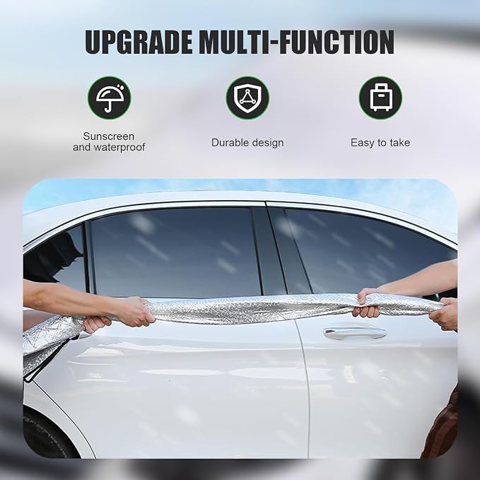 Half Car Cover, Winter Anti-freeze Snow Shield for Windshield Hood Rearview Mirror, Thicken Foldable Outdoor Protector with Fastening Strap, All-season Reflector Cloth for Cars (Silver)