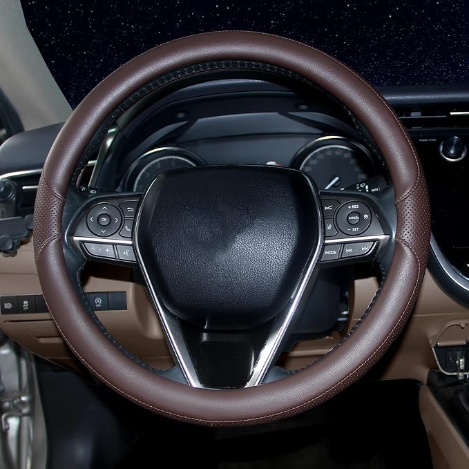Steering Wheel Cover Universal Standard Size 14.5-15 inch, Breathable Microfiber Leather, Anti-Slip, Non-Folding Packaging, Fits Most Cars SUVs Trucks, Brown