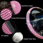 New Diamond Leather Steering Wheel Cover with Bling Bling Crystal Rhinestones, Universal Fit 15 Inch Car Wheel Protector for Women Girls Pink Diamond