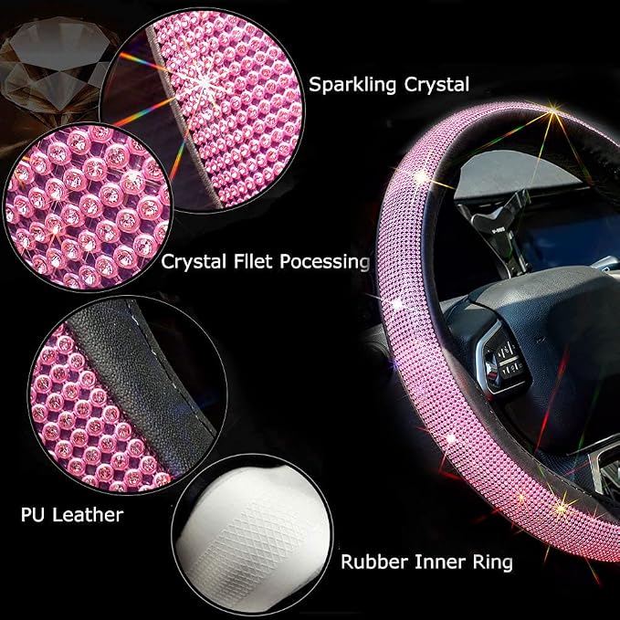 New Diamond Leather Steering Wheel Cover with Bling Bling Crystal Rhinestones, Universal Fit 15 Inch Car Wheel Protector for Women Girls Pink Diamond
