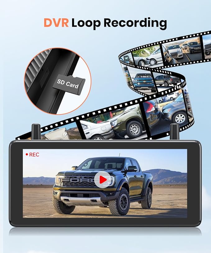 7.2" DVR Portable Solar Wireless Backup Camera:HD 1080P 2 Min Quick Installation Support 2 Split Screen Back up Camera, IP69K Waterproof Reverse Camera for Car, Van, SUV, Truck, Trailer