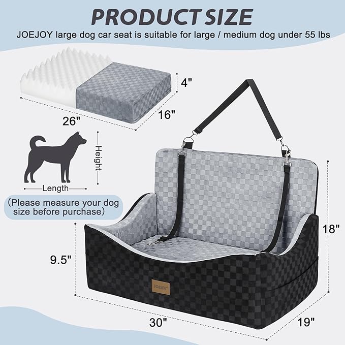 Dog Car Seat for Medium/Large Dogs - Reversible Dual-Sided Travel Dog Car Bed with Memory Foam, Washable Pet Booster Seat for Do gs up to 55 lbs or 2 Small Dogs, 2 Safety Leashes, Grey