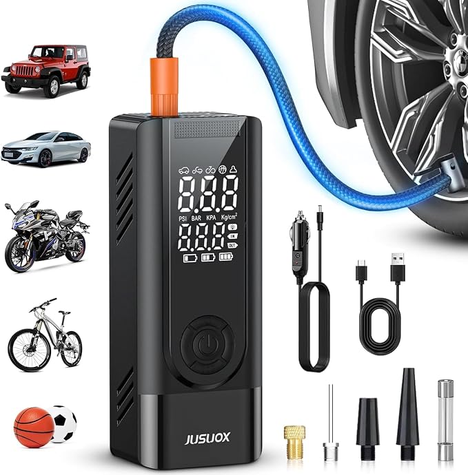 Tire Inflator Portable Air Compressor, Dual Power (Cordless & 12V DC) Air Pump for Car Tires, 150PSI Fast Air Pump for Moto, Bike, Large Capacity Battery, Digital Gauge with Emergency LED Light