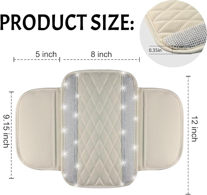 Bling White Car Center Console Cover, Leather Car Arm Rest Cover with 2 Storage Bags, Universal Auto Armrest Protector Storage Box, Bling Accessories Interior for Most Vehicles